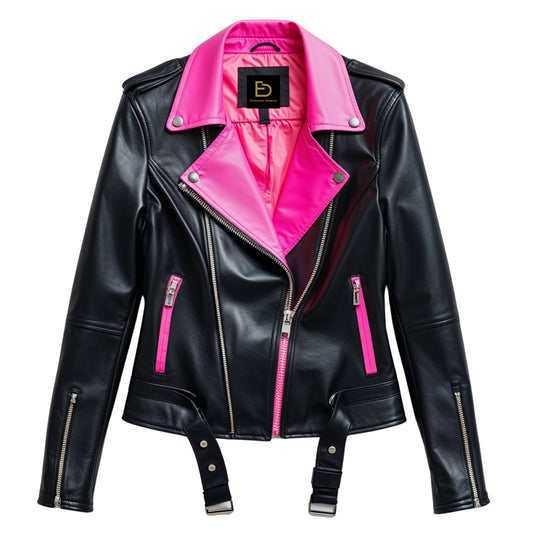 Black Leather Biker Jacket with Hot Pink Accents – Cropped Moto Style