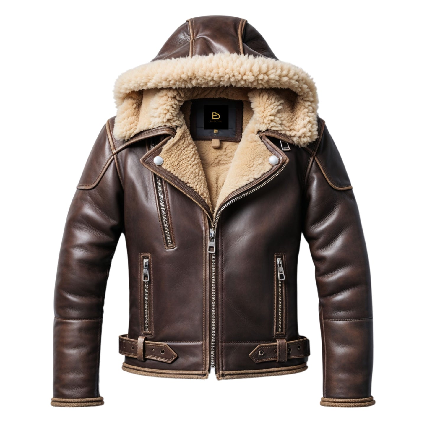 Men's Brown Shearling Leather Jacket with Hood – Winter Warmth, Zip Pockets, Belted Waist