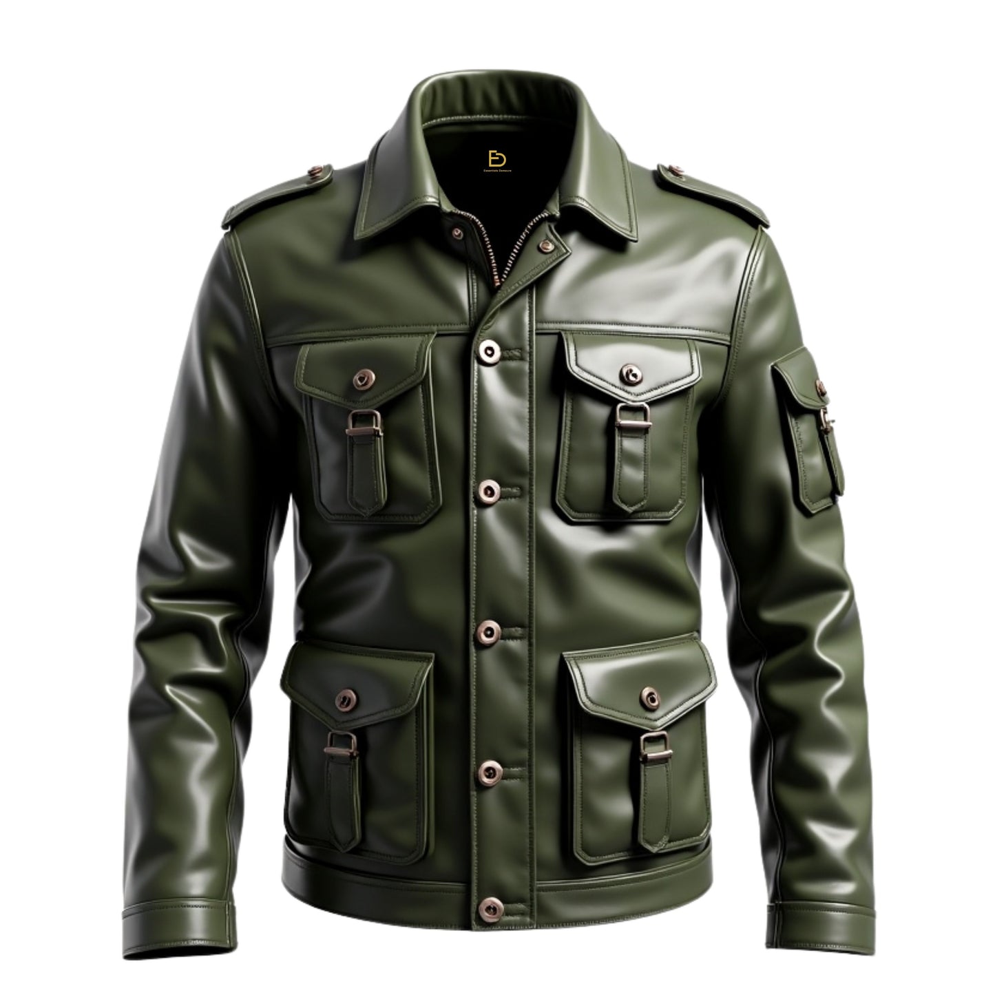 Men's Green Leather Utility Jacket: Multi-Pocket Classic Button-Front Outdoor Fashion
