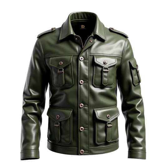 Men's Green Leather Utility Jacket: Multi-Pocket Classic Button-Front Outdoor Fashion