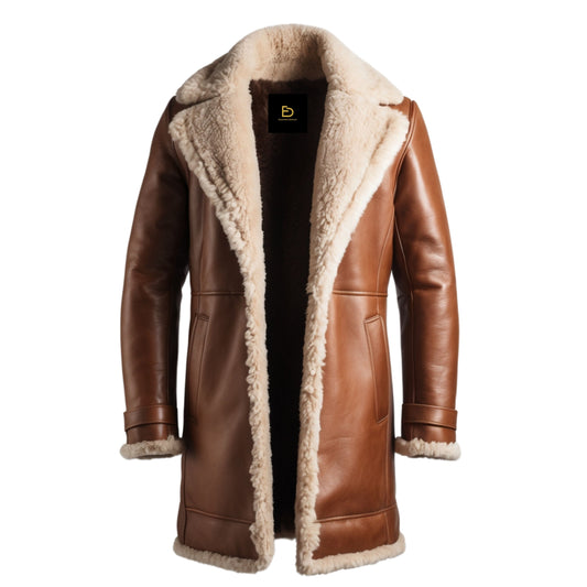 Men's Brown Leather Shearling Coat: Classic Long Winter Warmth Style