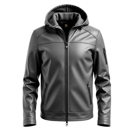 Men's Black Real Leather Hooded Bomber Jacket – Modern Street Style, Zipper Pockets
