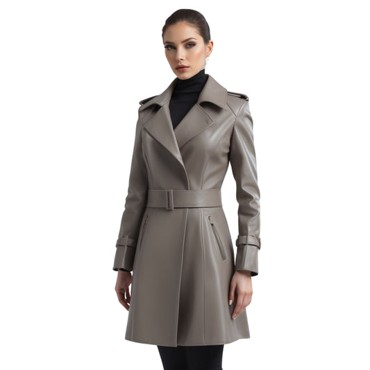 Women's Real Leather Trench Coat: Taupe Grey, Belted Waist, Flared Hem