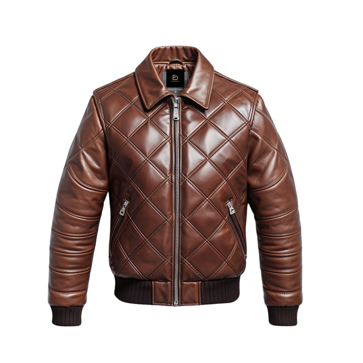 Men's Brown Quilted Real Leather Bomber Jacket – Ribbed Cuffs, Zipper Closure