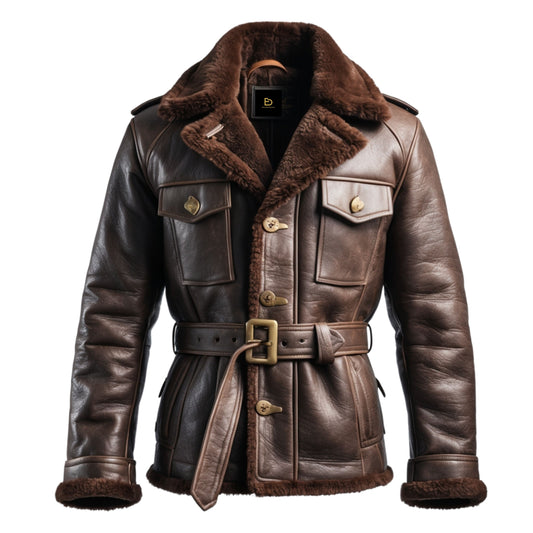 Men's Real Leather Shearling Jacket with Fur Collar and Belted Waist – Classic Winter Style