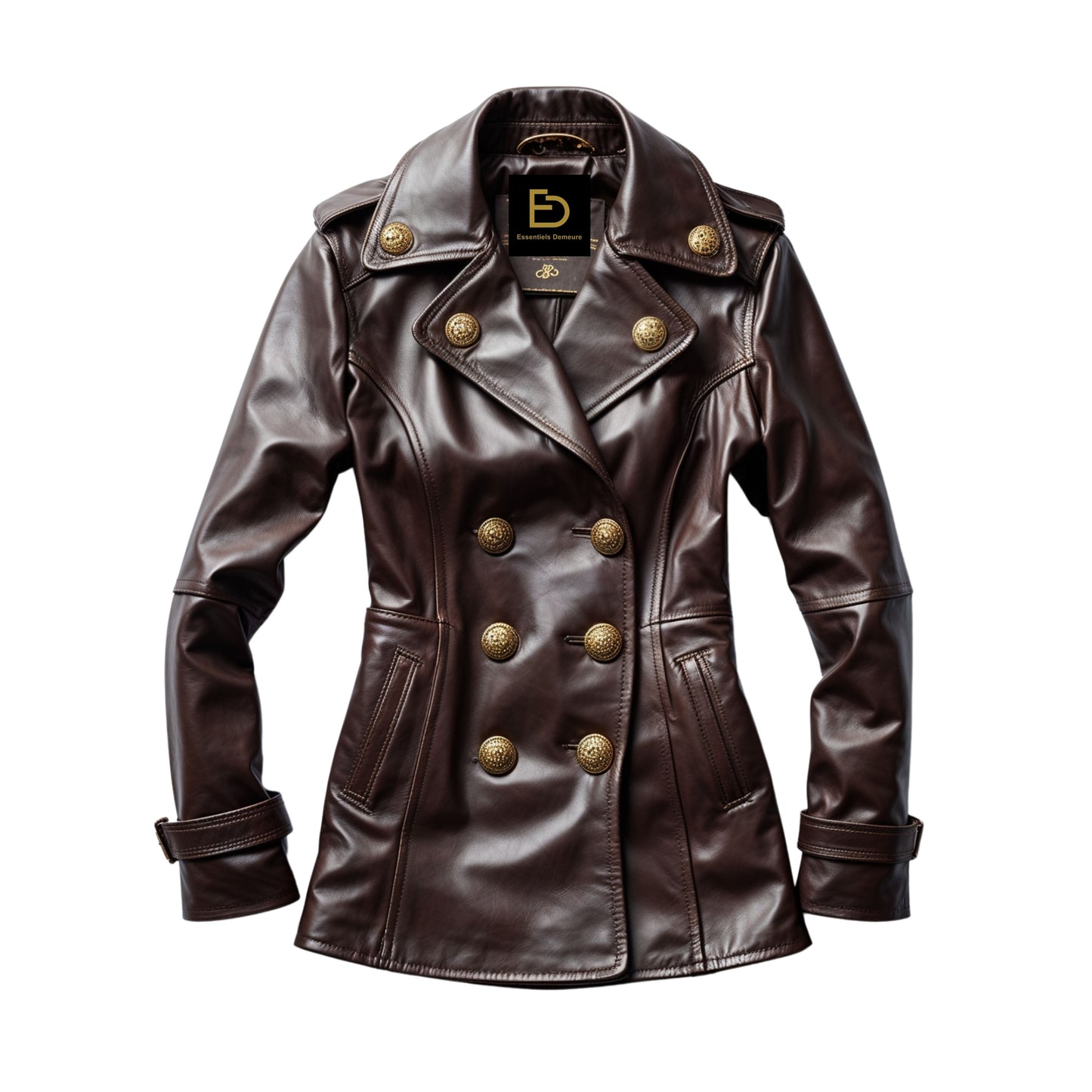 Women's Dark Brown Leather Double Breasted Peacoat Jacket – Military Style Outerwear