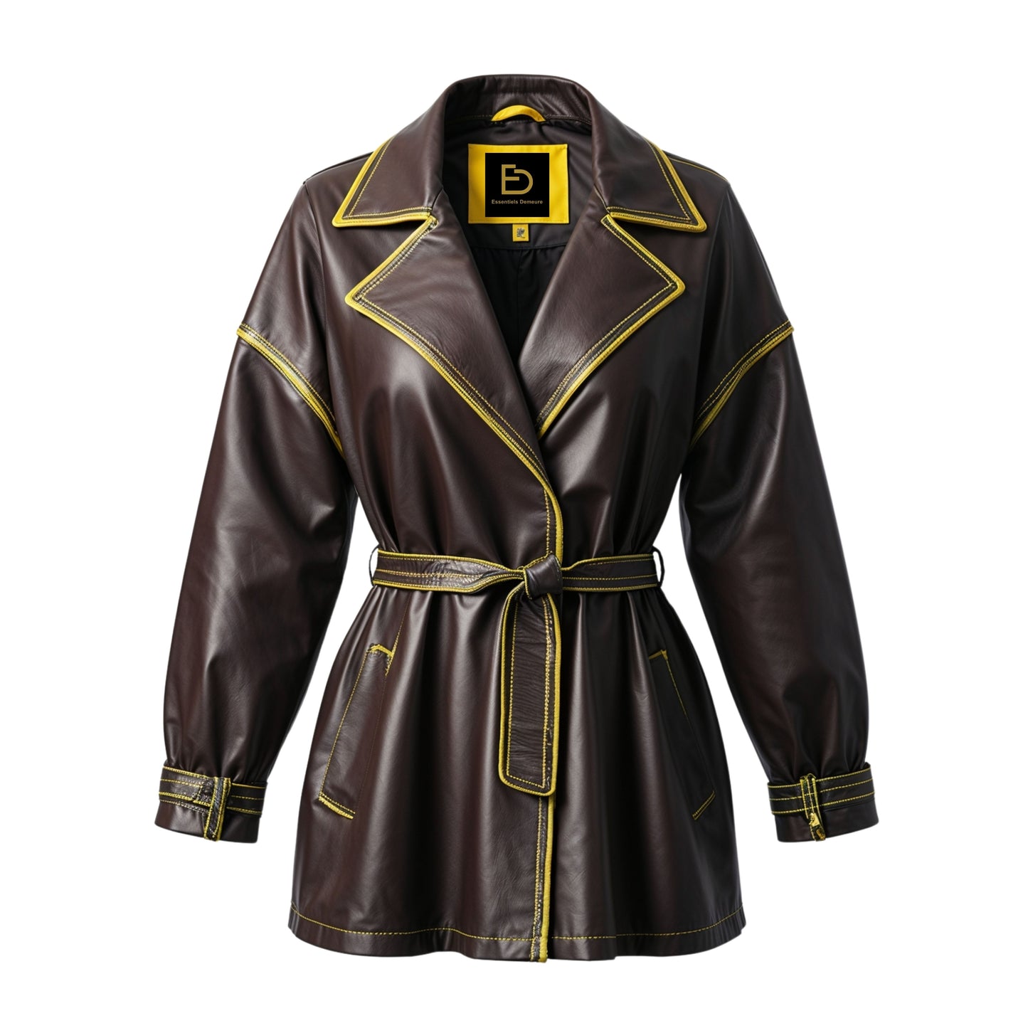 Dark Brown Leather Wrap Trench Coat with Yellow Stitch Detail, Belted Wide Lapel Jacket