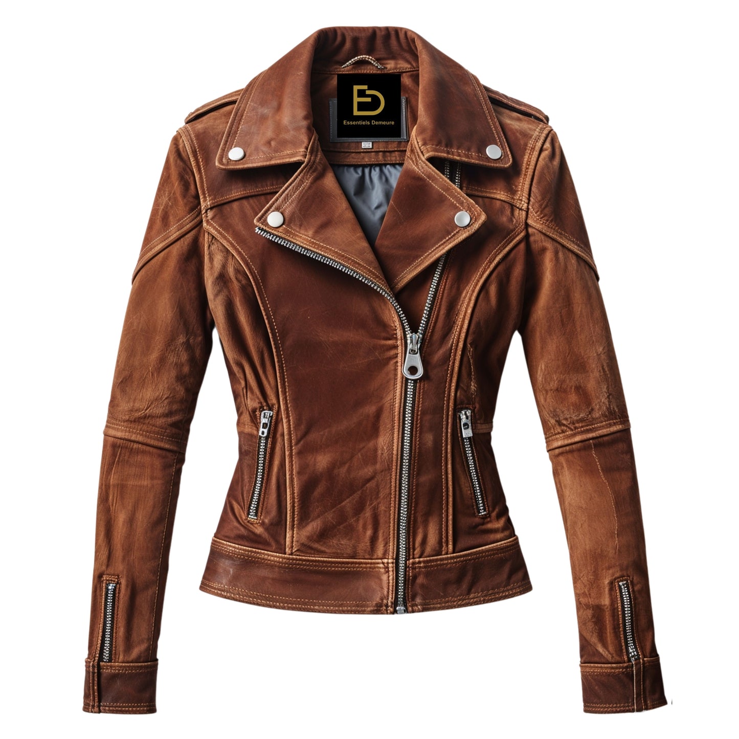 Womens Cognac Brown Leather Biker Jacket – Slim Fit Asymmetrical Zip Moto Outerwear