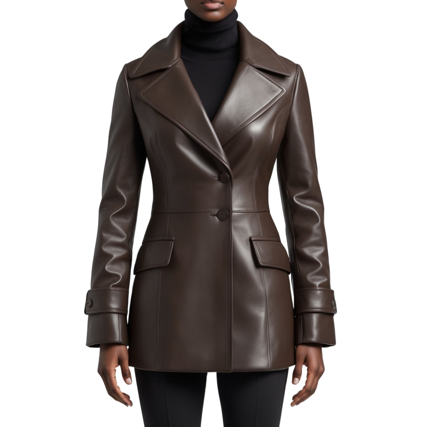 Women's Brown Genuine Leather Blazer: Tailored Longline Lapel Coat with Cuff Tab Sleeves