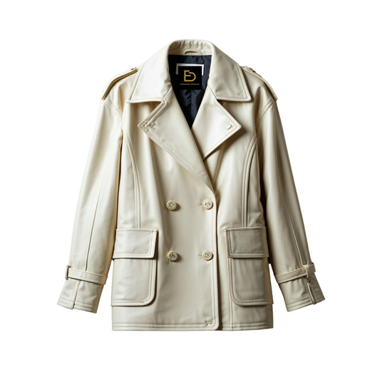 Cream Real Leather Double Breasted Trench Coat with Wide Lapel and Shoulder Tabs