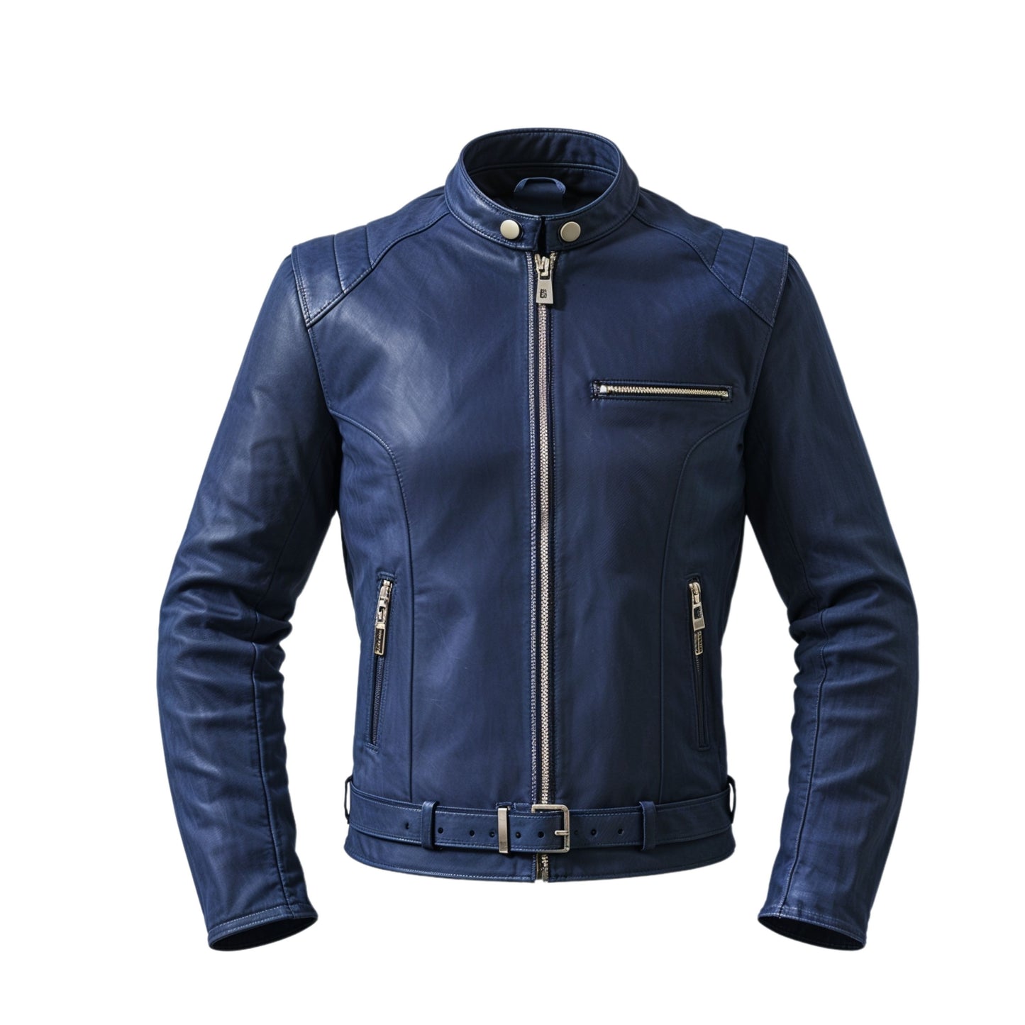 Men's Navy Blue Leather Biker Jacket with Stand Collar and Belt