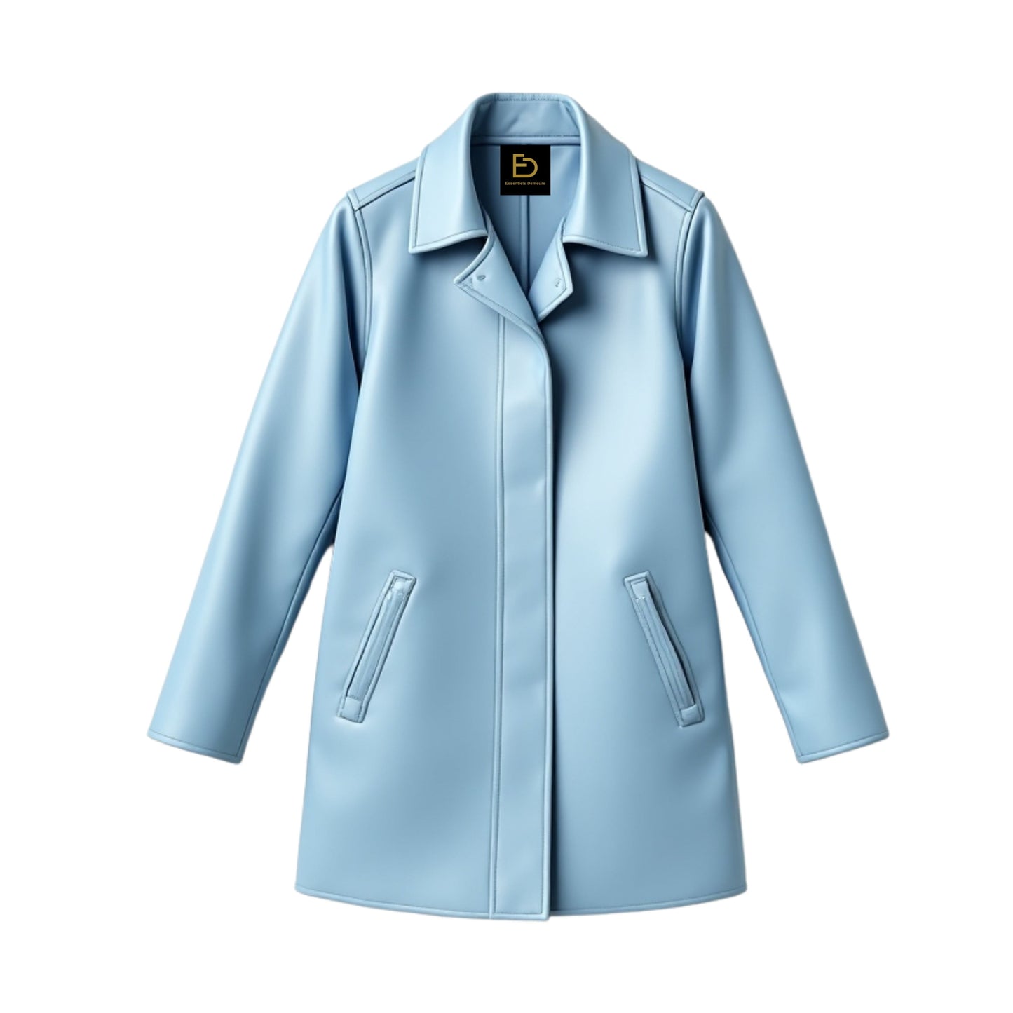 Light Blue Lambskin Leather Longline Coat – Casual Lapel Jacket