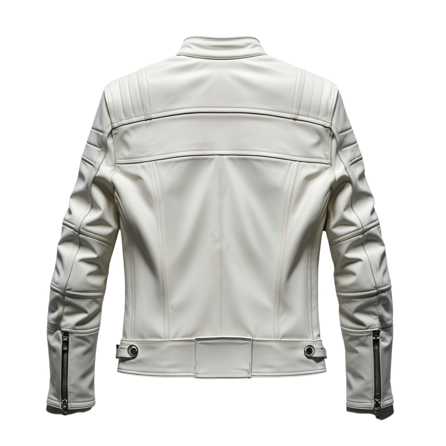 White Genuine Leather Biker Jacket: Quilted Shoulders, Zipper Pockets, Stand Collar