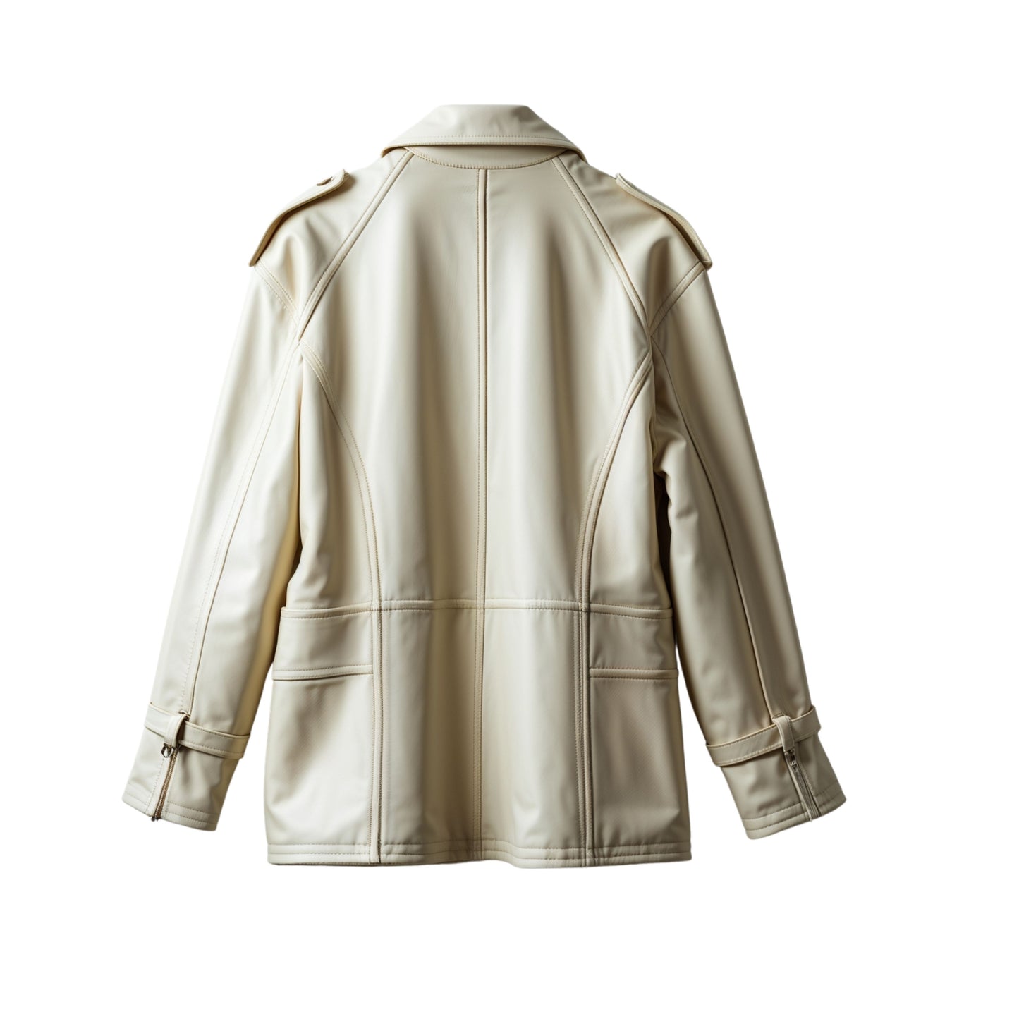 Cream Real Leather Double Breasted Trench Coat with Wide Lapel and Shoulder Tabs