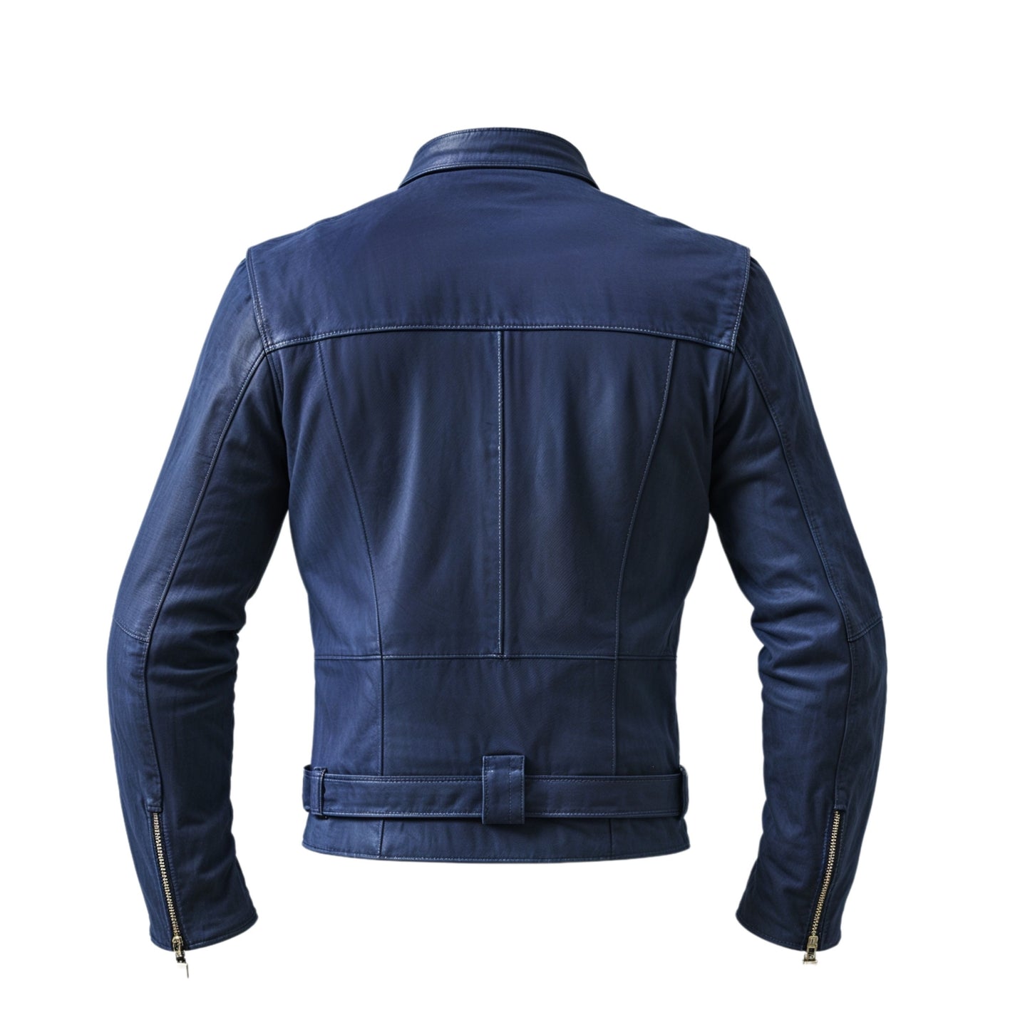 Men's Navy Blue Leather Biker Jacket with Stand Collar and Belt