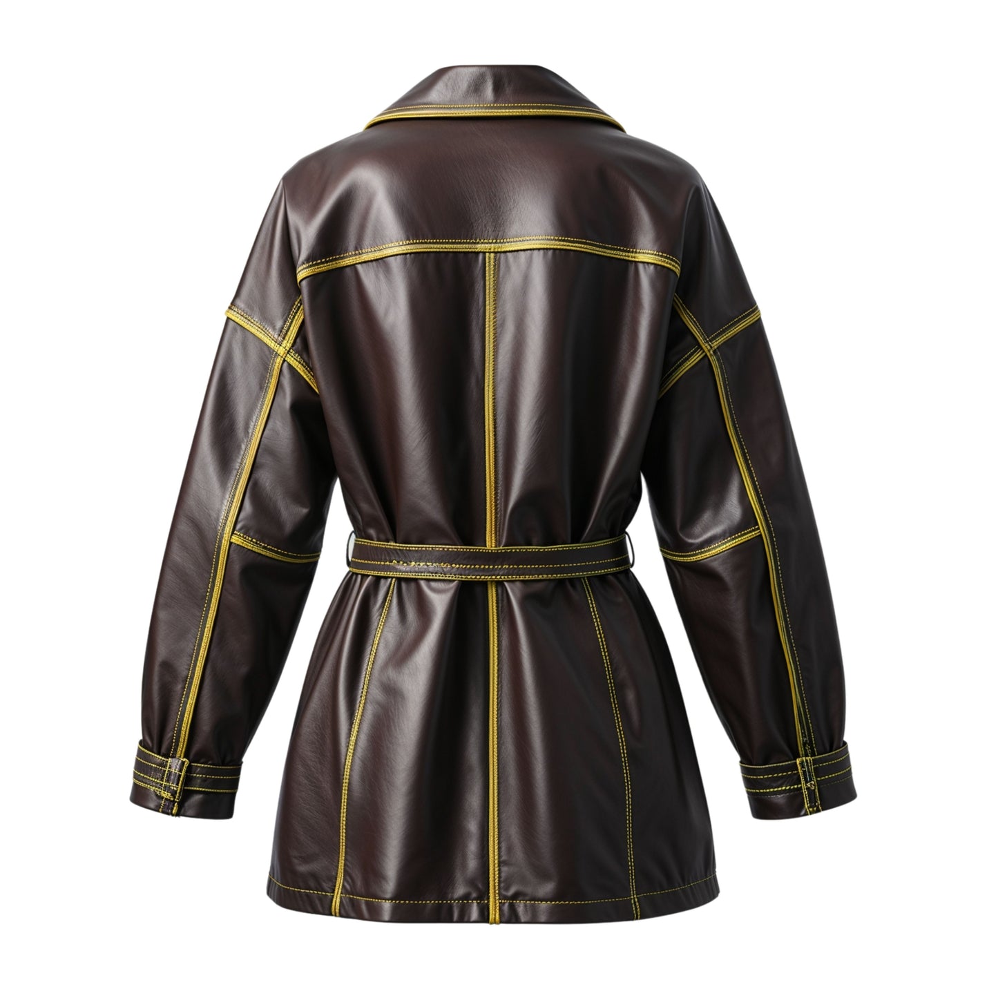 Dark Brown Leather Wrap Trench Coat with Yellow Stitch Detail, Belted Wide Lapel Jacket