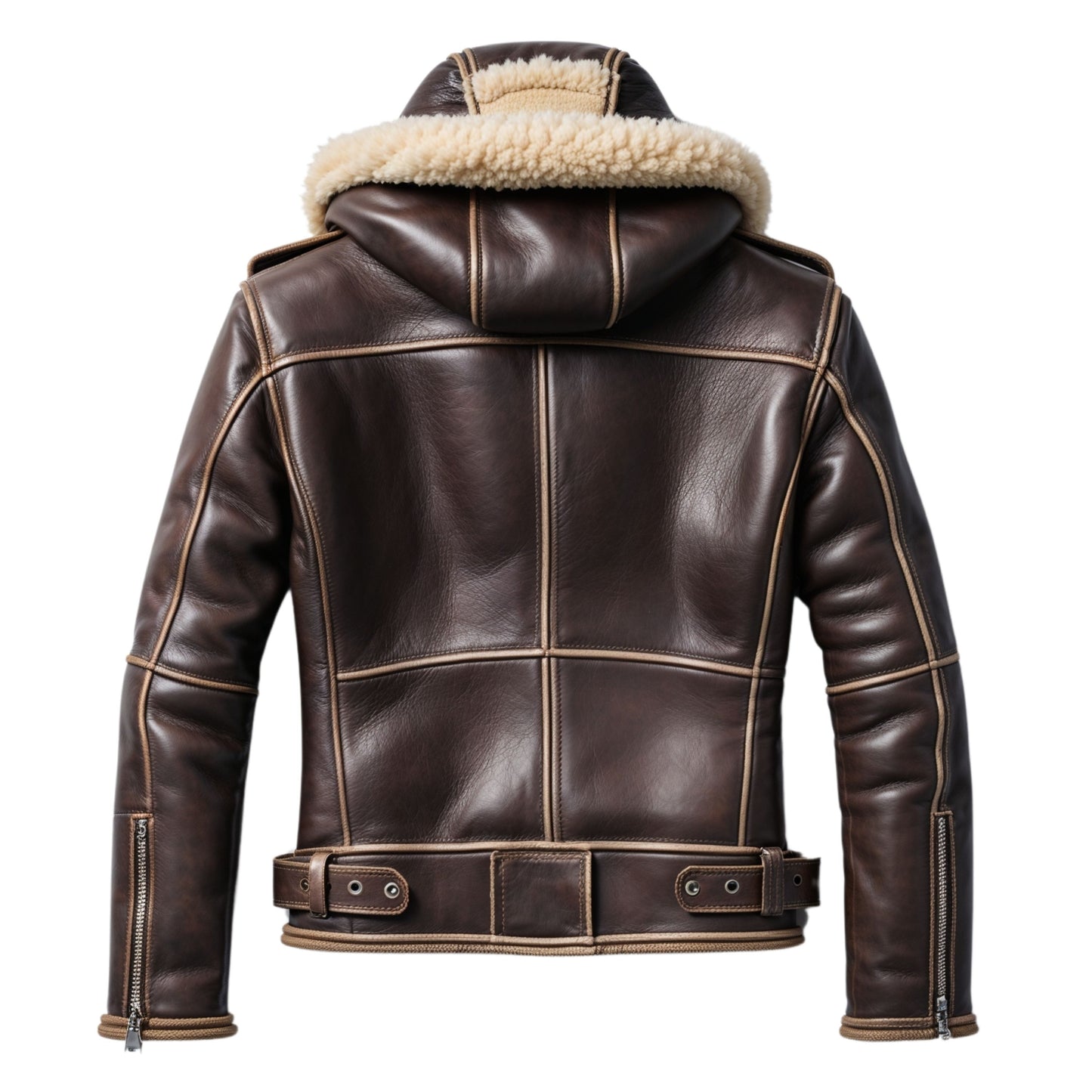 Men's Brown Shearling Leather Jacket with Hood – Winter Warmth, Zip Pockets, Belted Waist