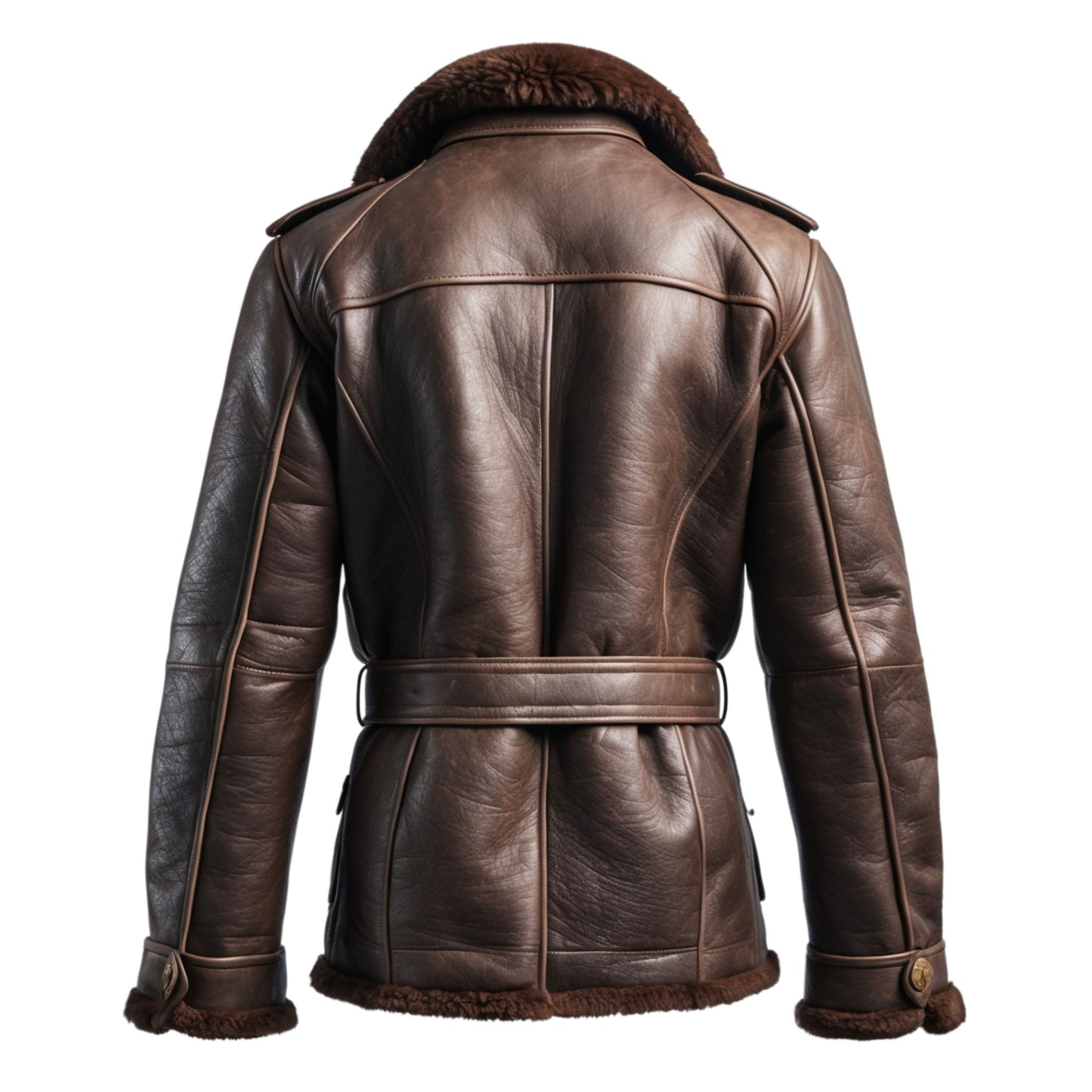 Men's Real Leather Shearling Jacket with Fur Collar and Belted Waist – Classic Winter Style