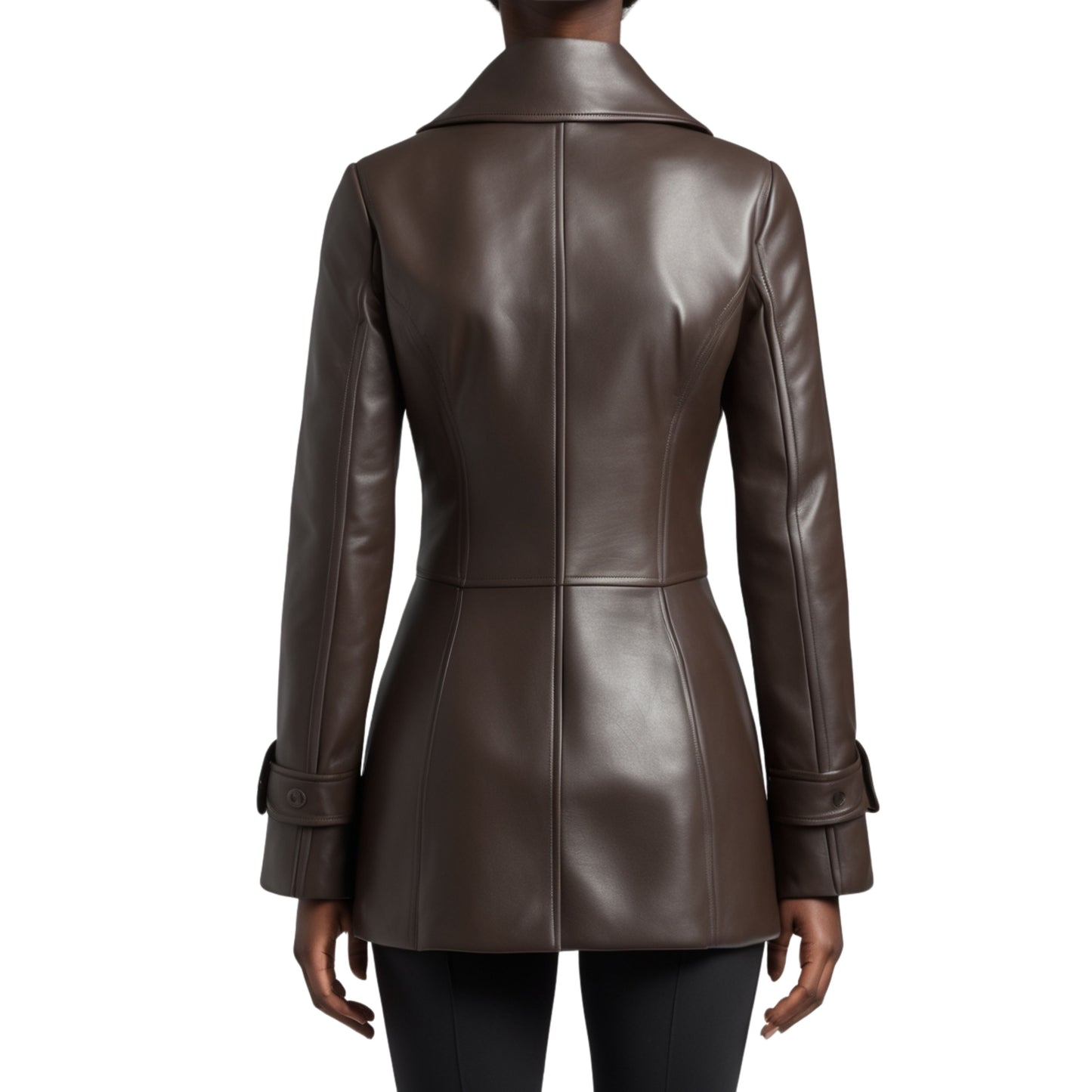 Women's Brown Genuine Leather Blazer: Tailored Longline Lapel Coat with Cuff Tab Sleeves