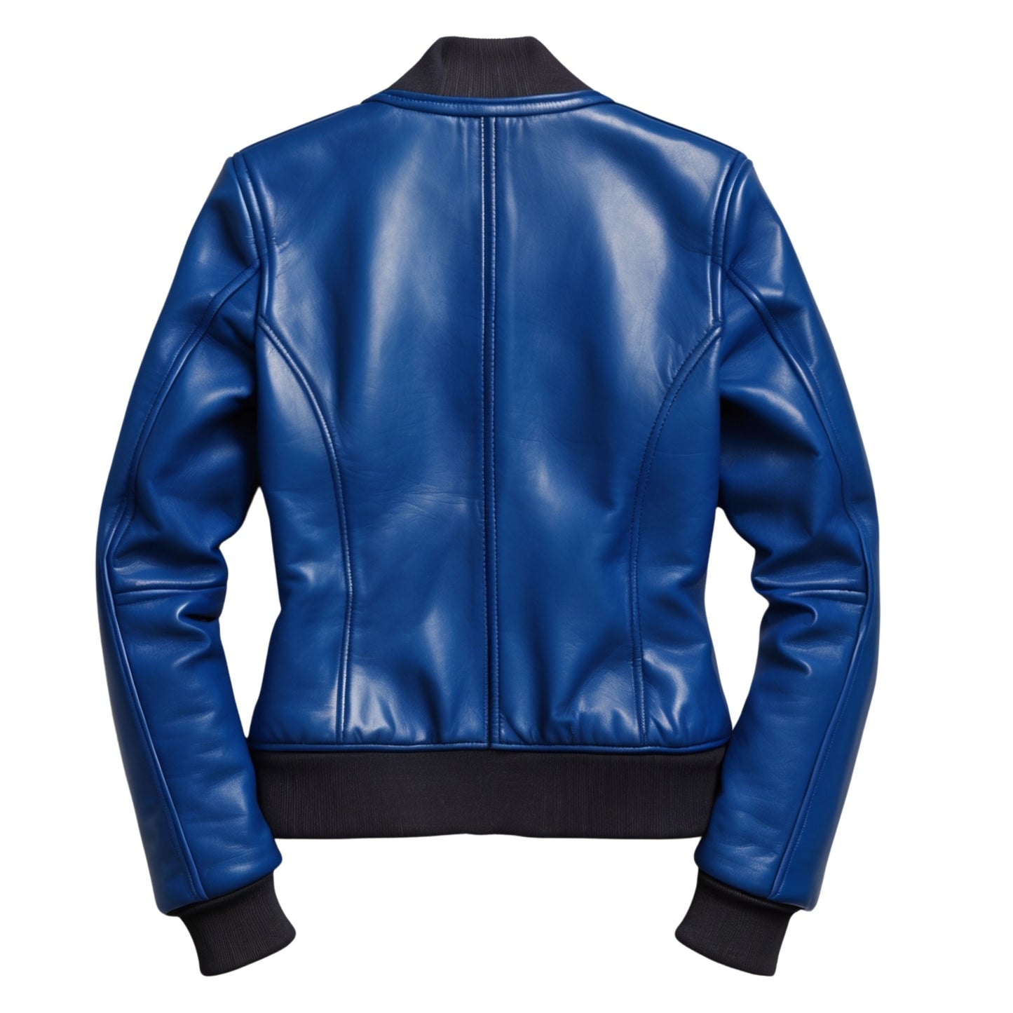 Royal Blue Leather Bomber Jacket: Varsity Style Ribbed Collar, Cuffs, Hem