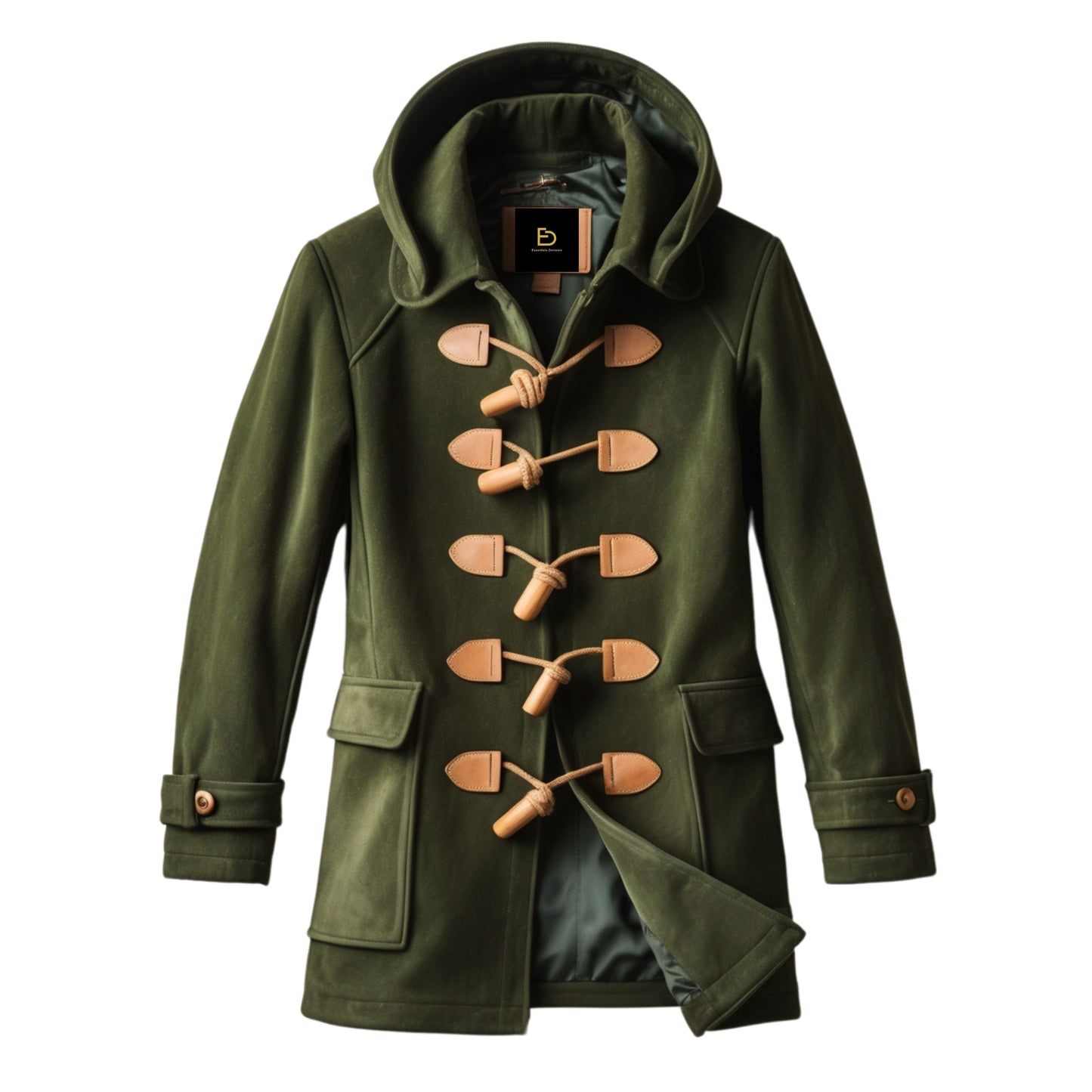 Olive Green Suede Duffle Coat with Hood and Leather Toggles