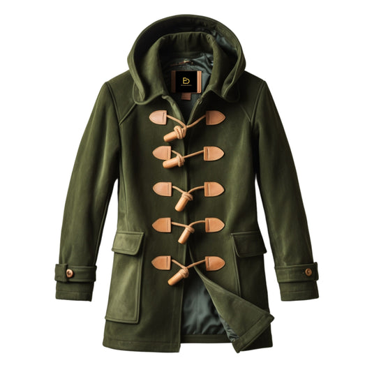 Olive Green Suede Duffle Coat with Hood and Leather Toggles