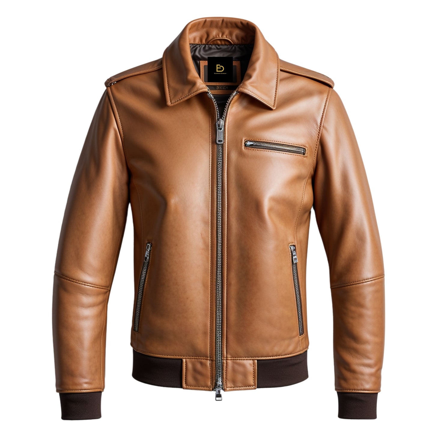 Men's Tan Brown Real Leather Bomber Jacket – Zip Closure Streetwear Outerwear