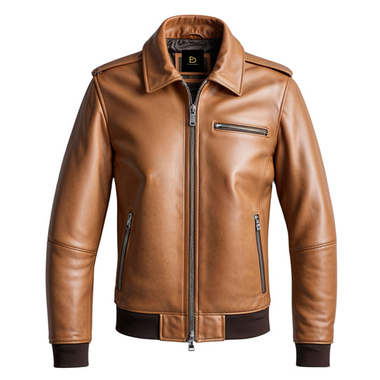 Men's Tan Brown Real Leather Bomber Jacket – Zip Closure Streetwear Outerwear