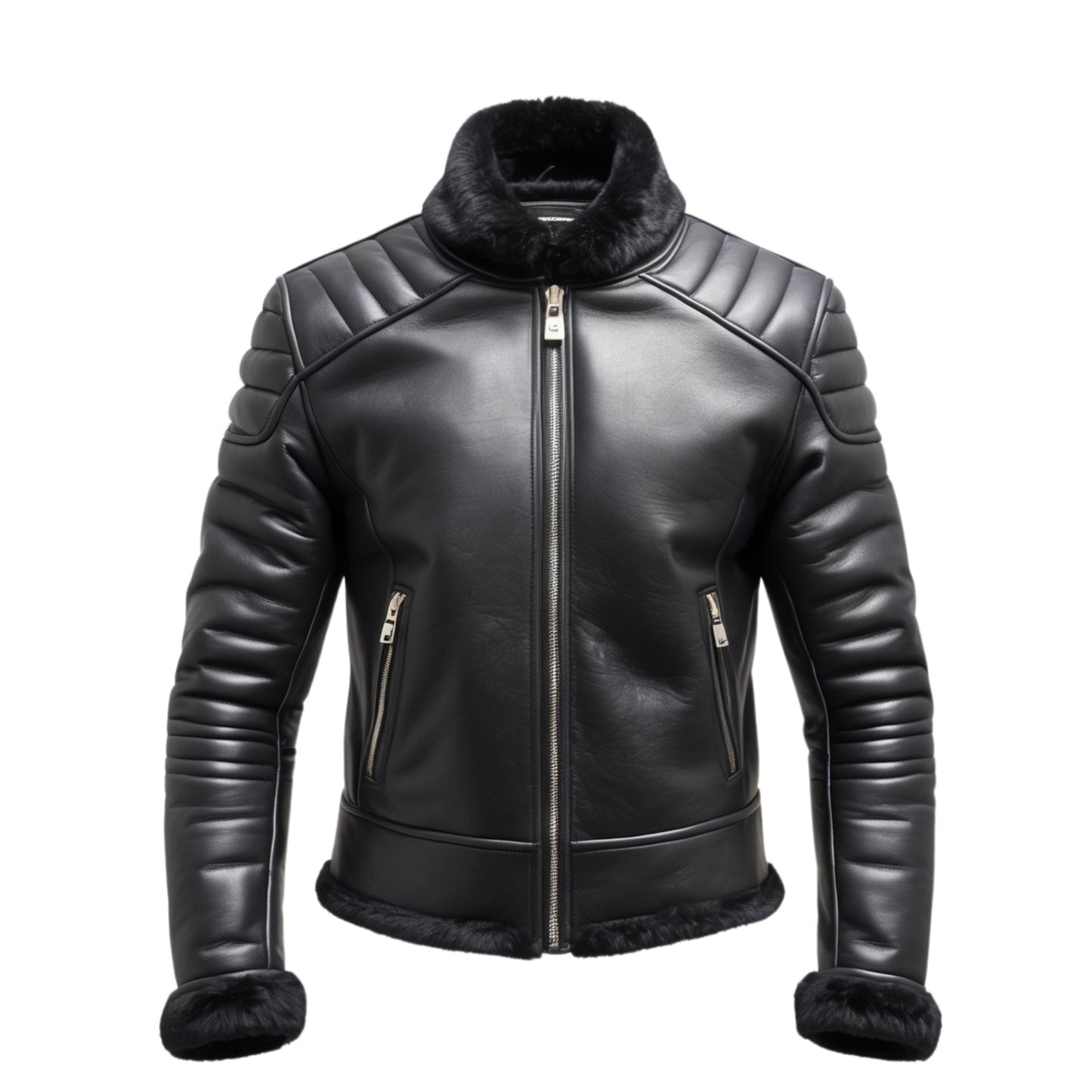 Men's Black Real Leather Biker Jacket with Shearling Collar – Slim Fit Motorcycle Style