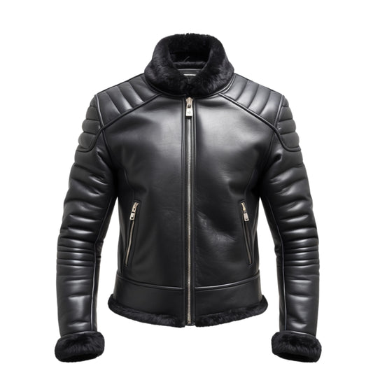 Men's Black Real Leather Biker Jacket with Shearling Collar – Slim Fit Motorcycle Style