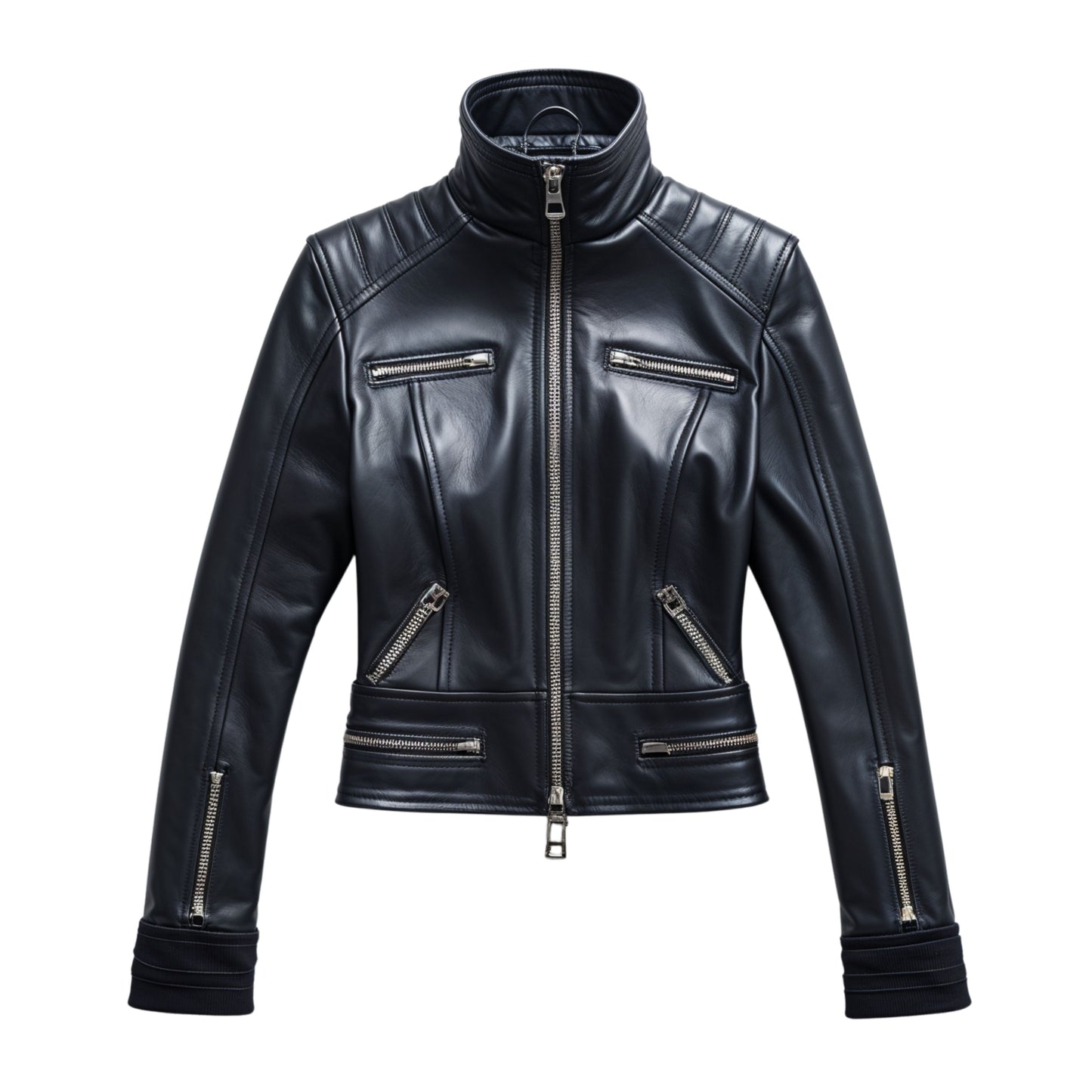 Black Leather Racer Jacket: Stand Collar, Multi-Zip Biker Coat