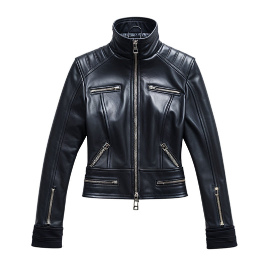 Black Leather Racer Jacket: Stand Collar, Multi-Zip Biker Coat