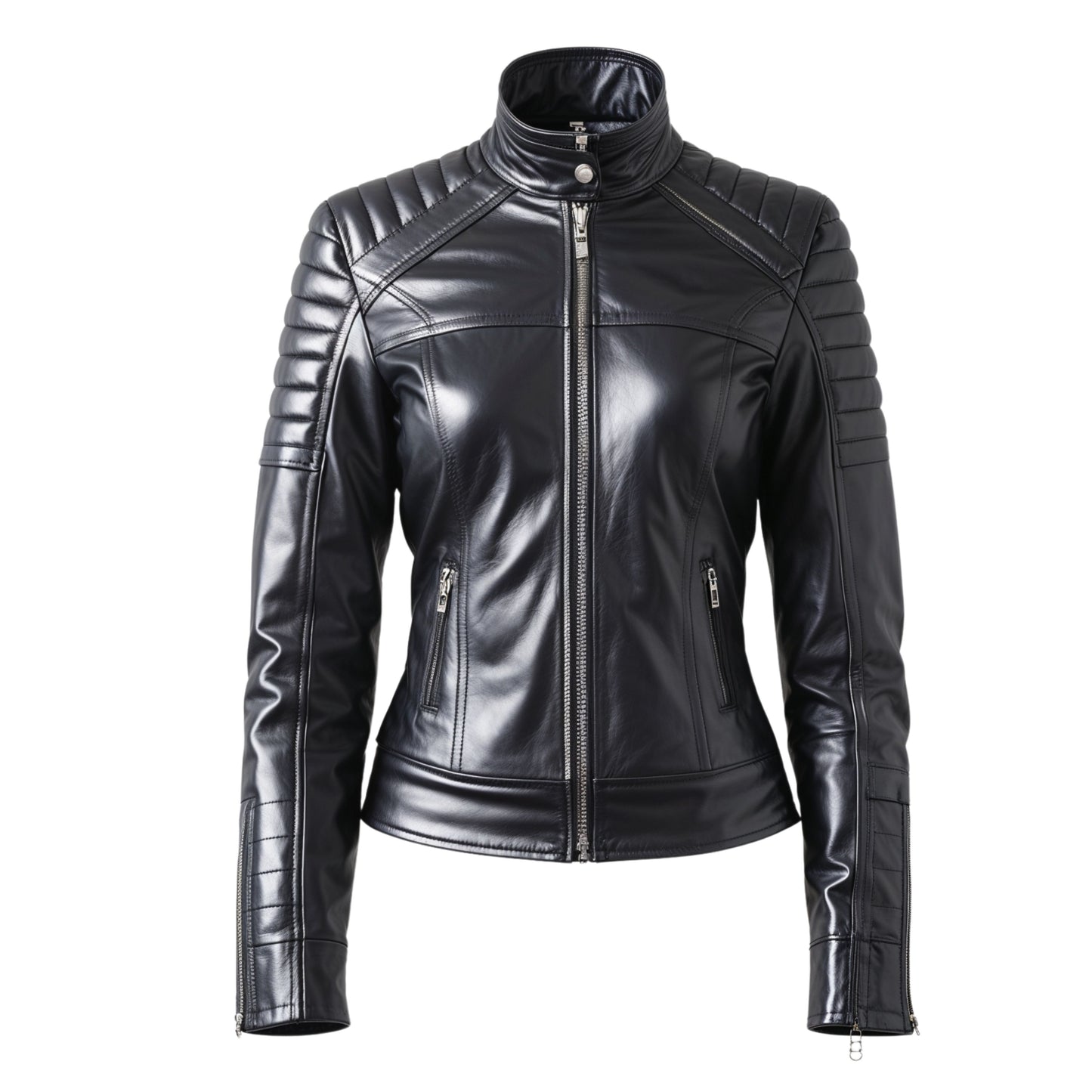 Women's Black Real Leather Quilted Shoulder Biker Jacket – Slim Fit Stand Collar Coat