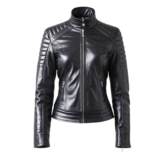 Women's Black Real Leather Biker Jacket with Quilted Shoulders – Slim Fit Stand Collar