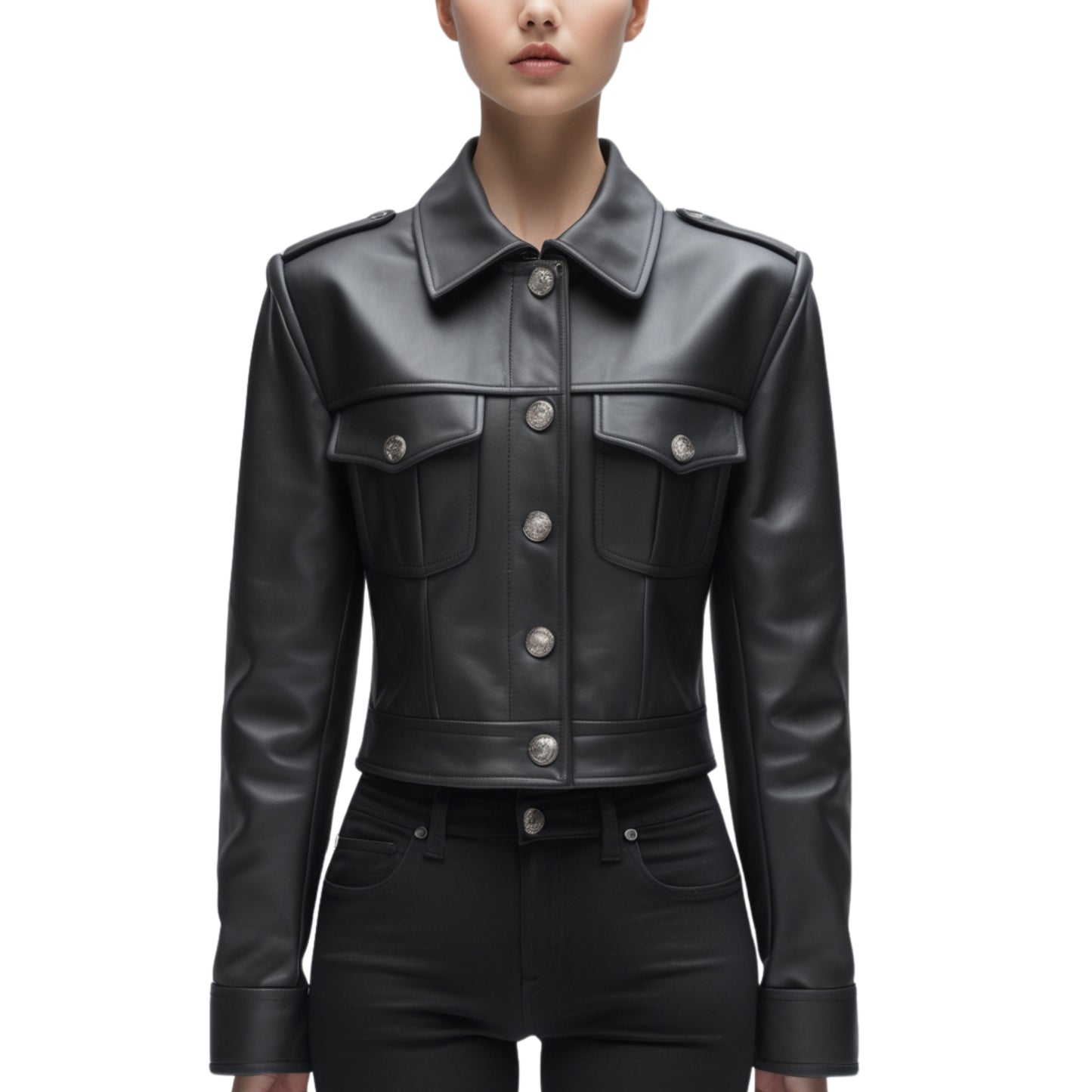 Womens Black Genuine Leather Cropped Jacket Button Front Collared Military Style Silver Buttons Epaulettes
