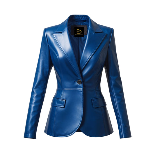 Royal Blue Real Leather Blazer Jacket – Slim Fit, Curved Hem, Workwear Essential