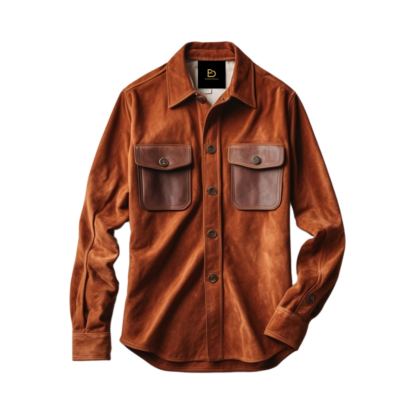 Men's Brown Suede Shirt Jacket: Contrasting Leather Pockets, Timeless Style
