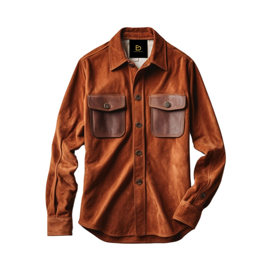 Men's Brown Suede Shirt Jacket: Contrasting Leather Pockets, Timeless Style