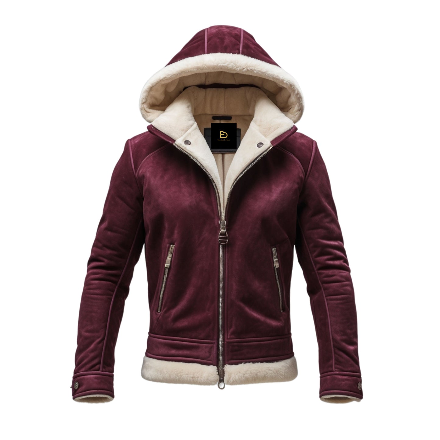 Burgundy Real Leather Shearling Jacket with Hood – Warm Winter Outerwear