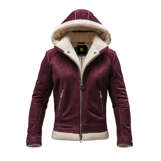 Burgundy Real Leather Shearling Jacket with Hood – Warm Winter Outerwear
