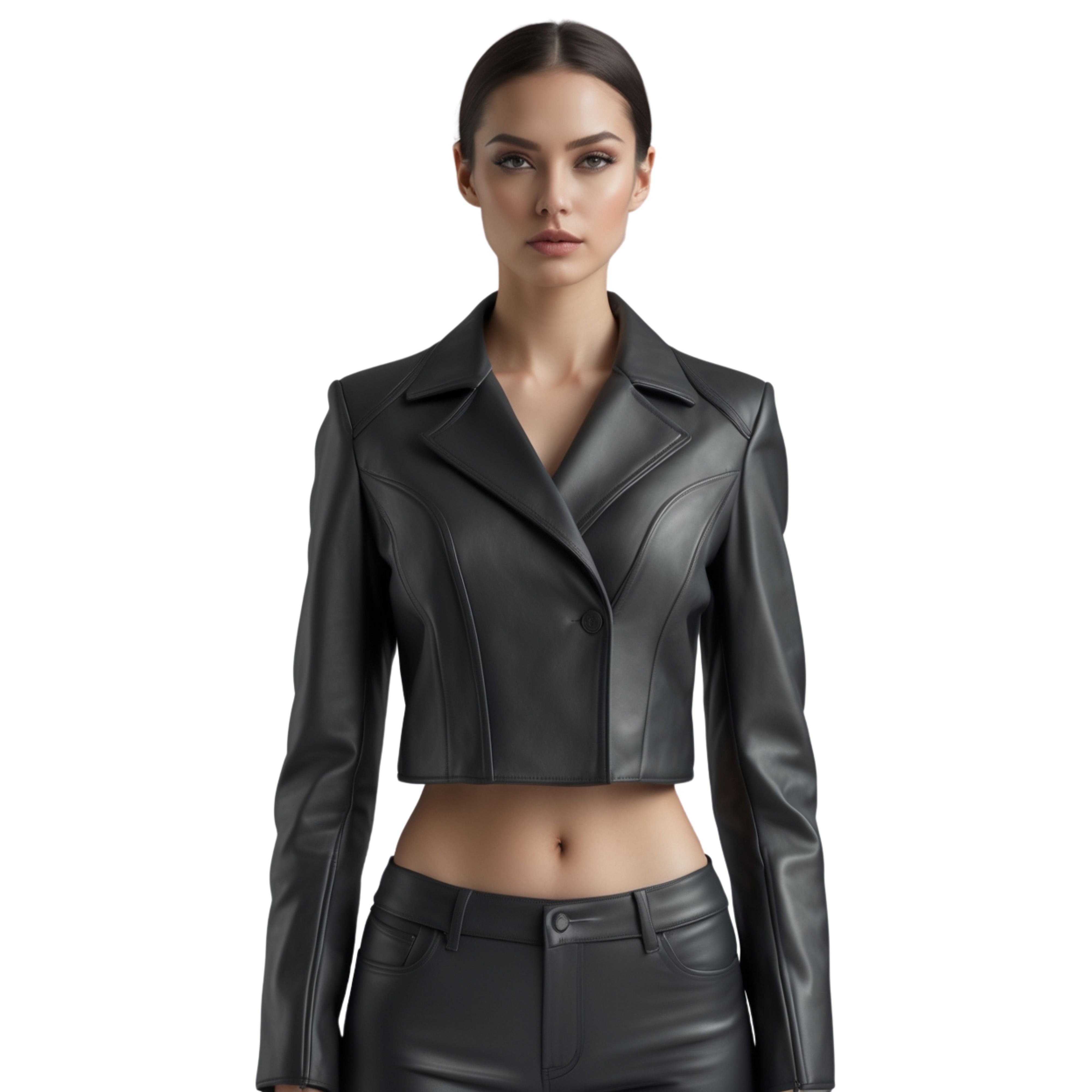 Black Genuine Leather Cropped Blazer Jacket: Tailored Fitted