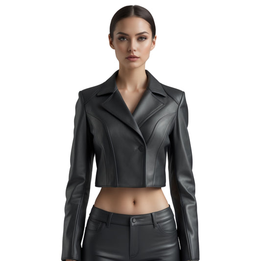 Black Genuine Leather Cropped Blazer Jacket: Tailored Fitted Luxury Coat