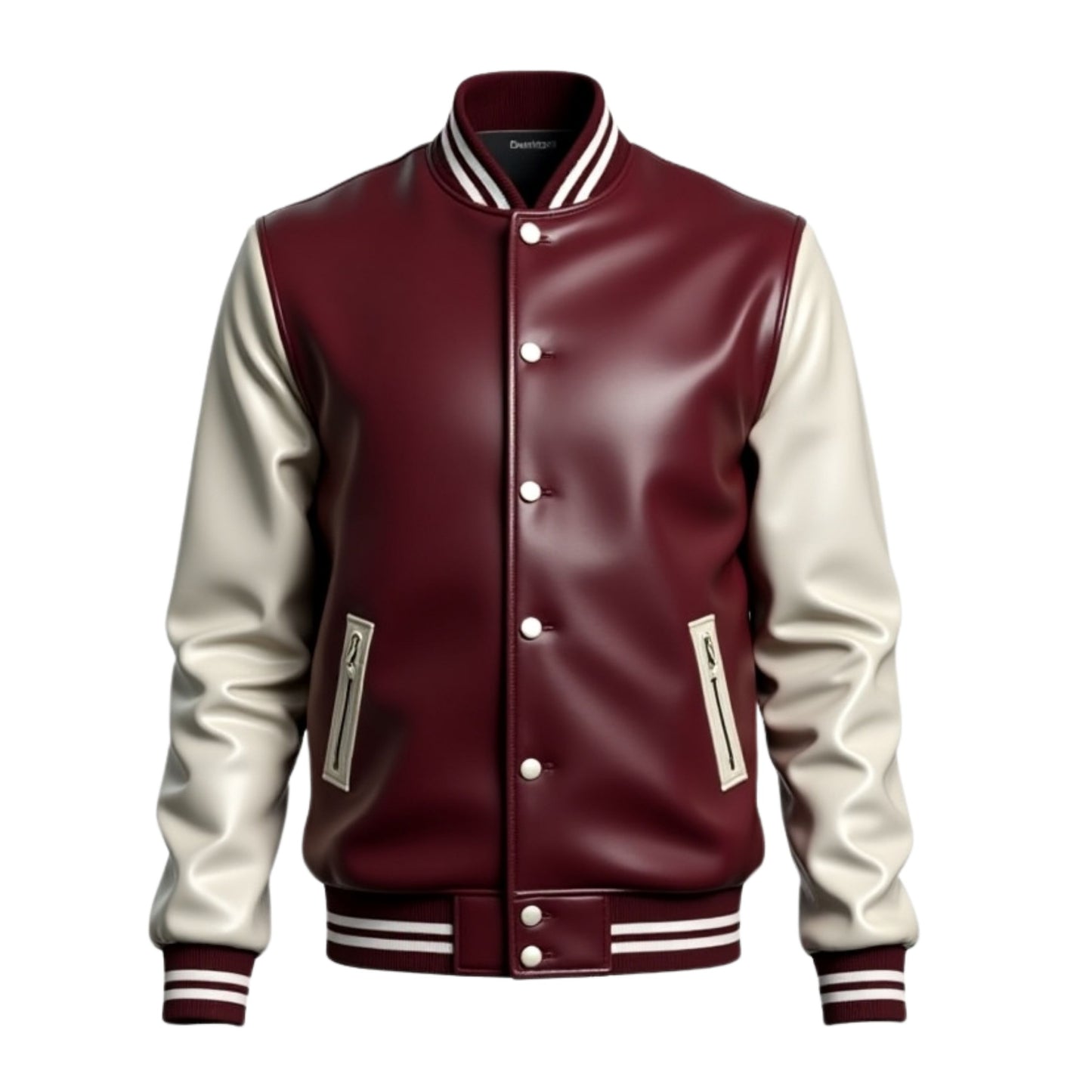 Men's Real Leather Burgundy Cream Varsity Bomber Jacket Ribbed Cuffs Button Closure