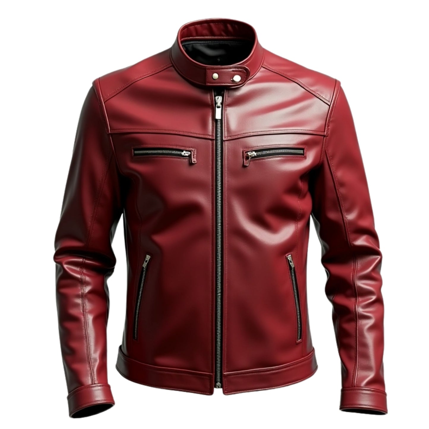 Men's Maroon Leather Biker Jacket: Modern Stand Collar Motorcycle Style