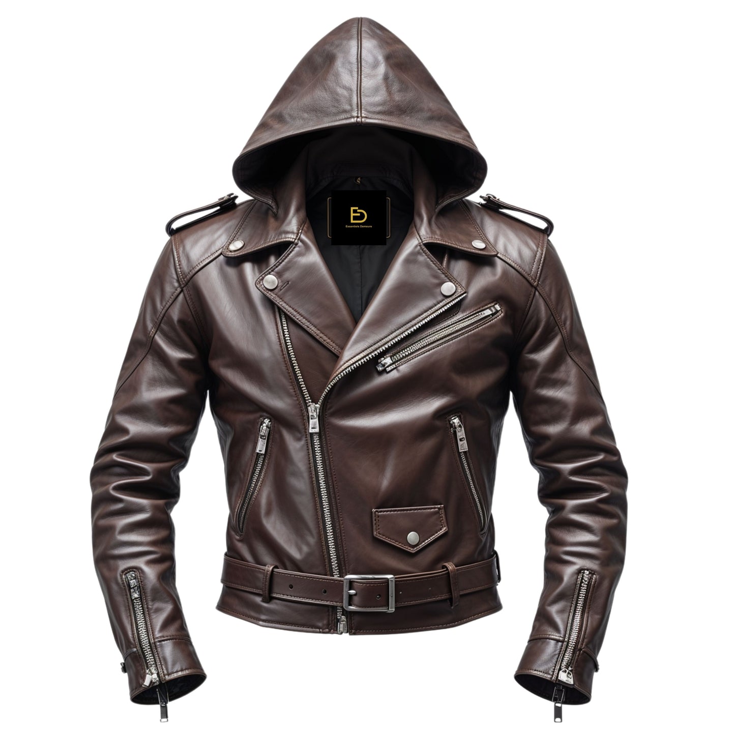 Men's Dark Brown Real Leather Hooded Biker Jacket with Belted Waist