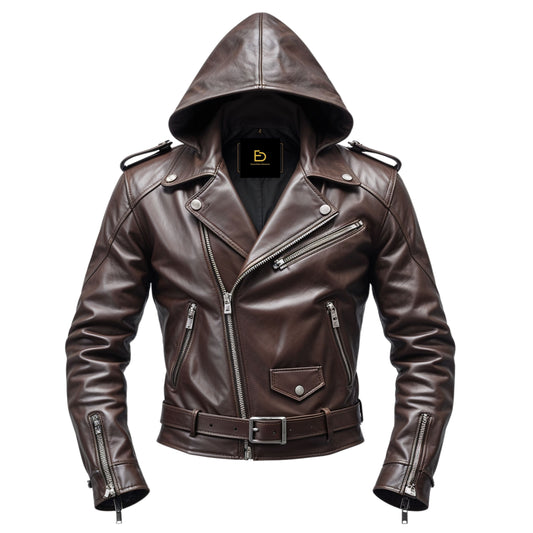 Men's Dark Brown Real Leather Hooded Biker Jacket with Belted Waist