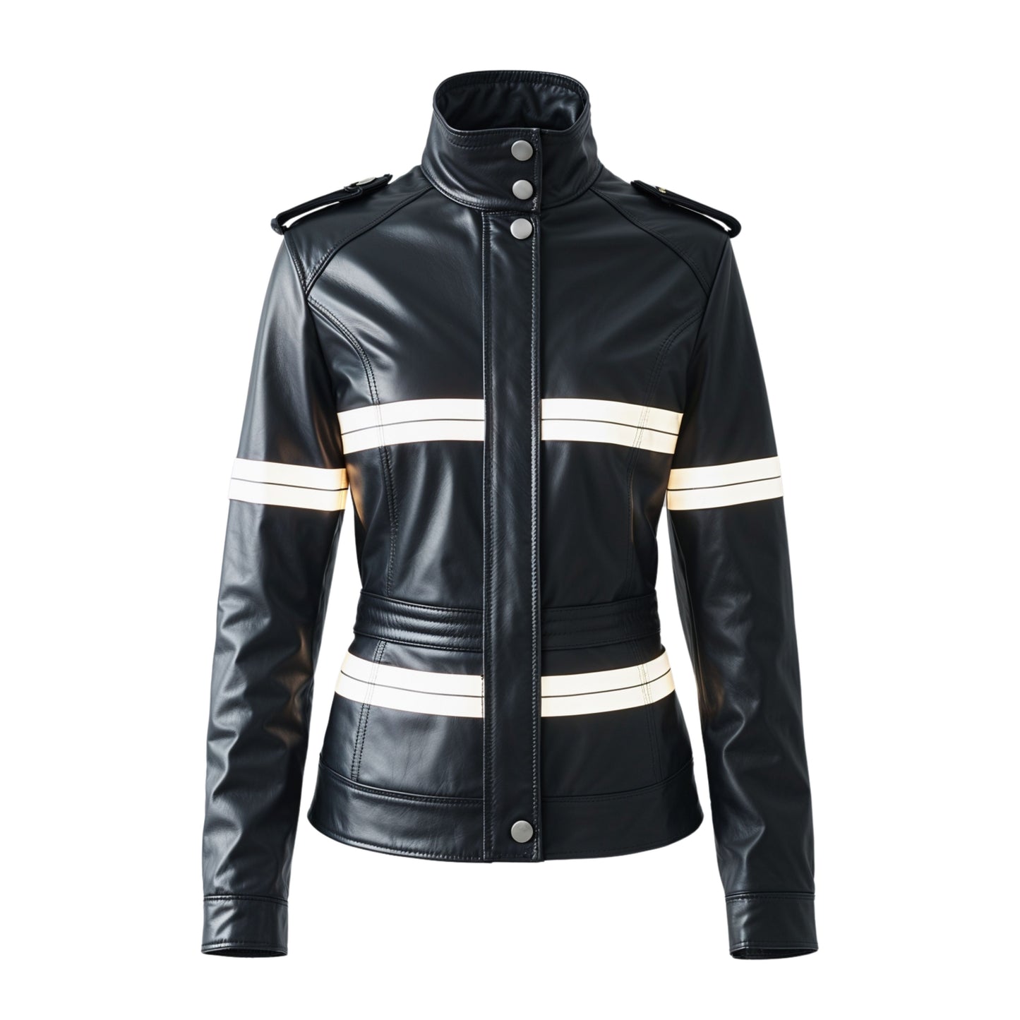 Womens Black Leather Moto Jacket: Stand Collar, White Stripe Detail