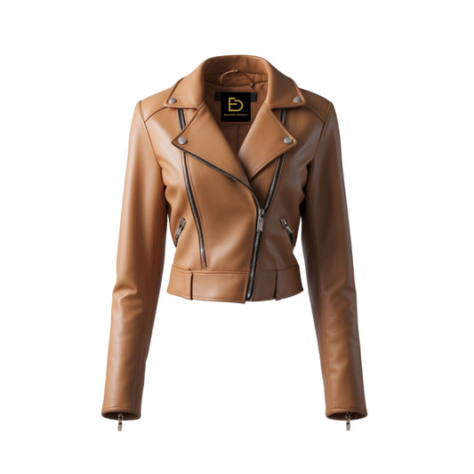 Women's Tan Camel Real Leather Cropped Moto Biker Jacket – Asymmetric Zip Snap Collar