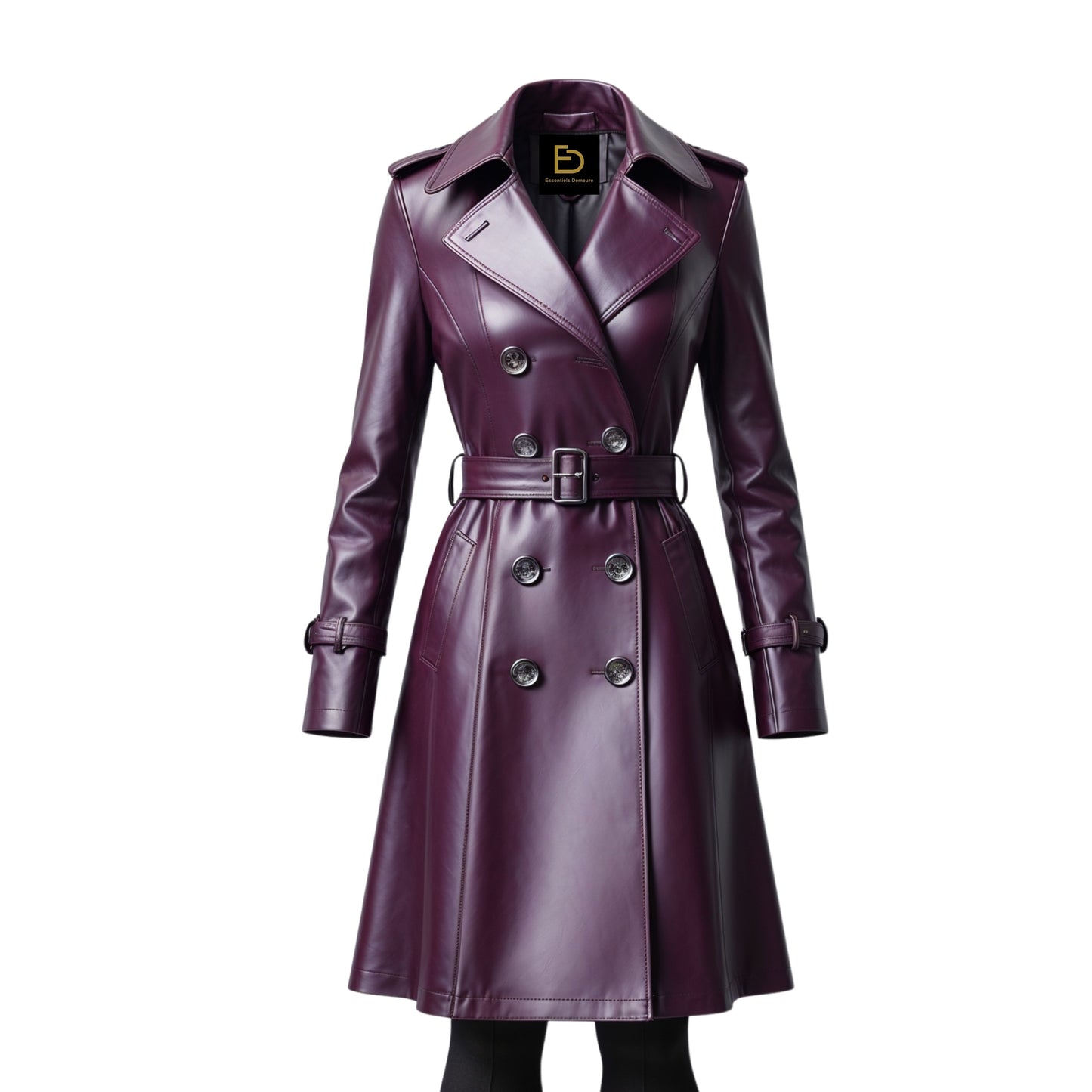 Women Real Leather Purple Trench Coat Double Breasted Belted Elegant Statement Outerwear Modern Fashion