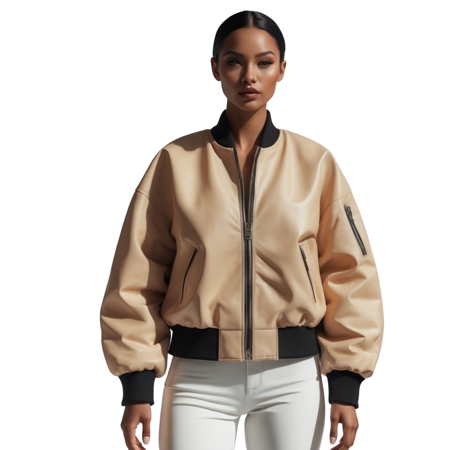 Cream Real Leather Cropped Bomber Jacket with Black Ribbed Collar & Cuffs